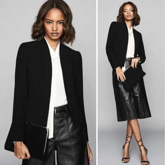 Reiss Tansey Cropped Collarless Blazer Black Neutral Career Business Casual - Picture 1 of 9